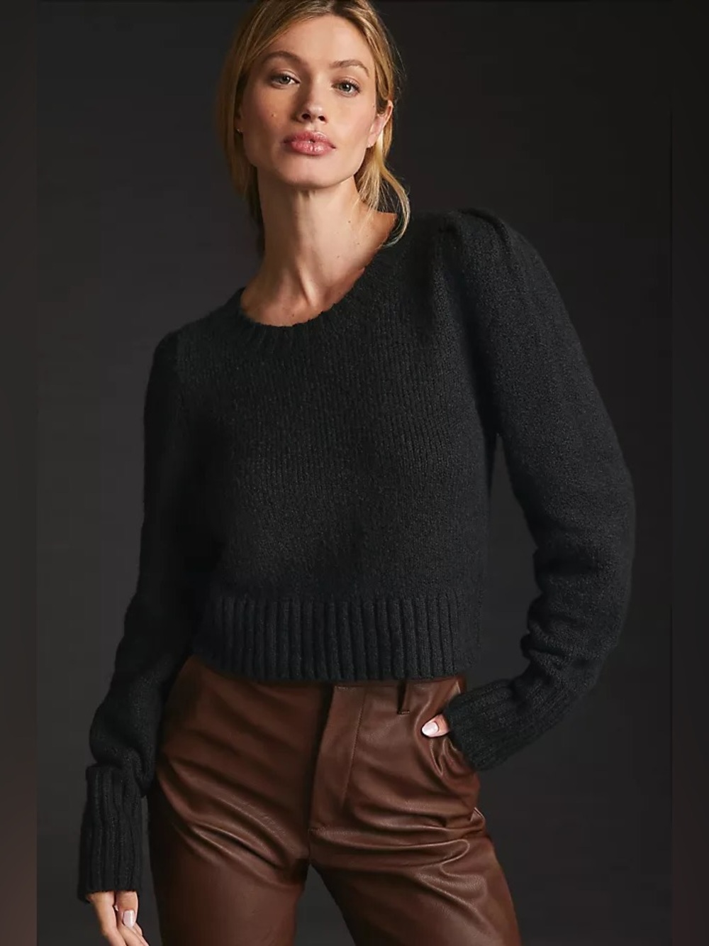 Anthropologie Maeve Crewneck Puff-Sleeve Sweater in Black. Size Small.